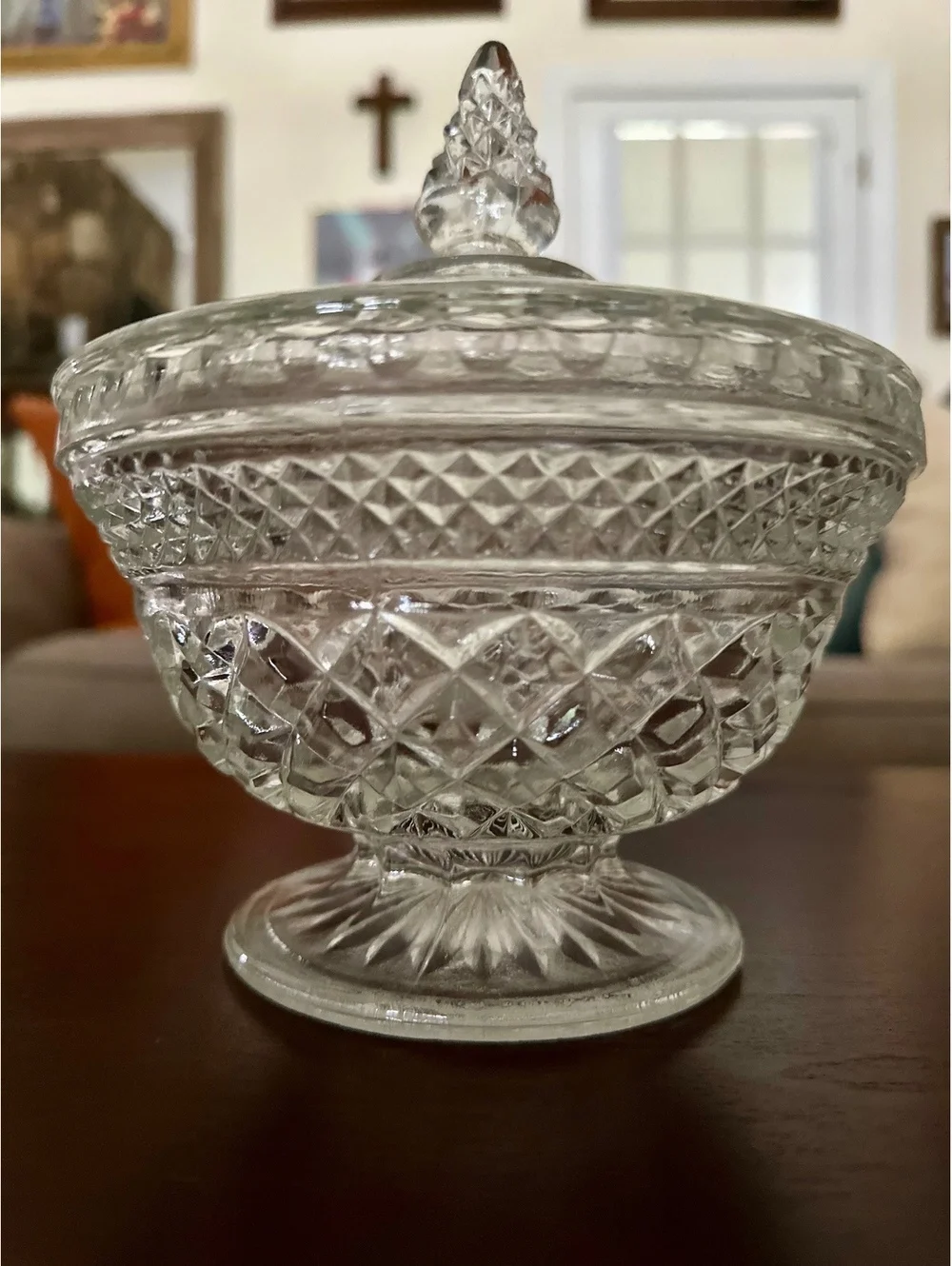 Vintage Anchor Hocking Wexford Clear Glass Pedestal Candy Dish Pointed Lid